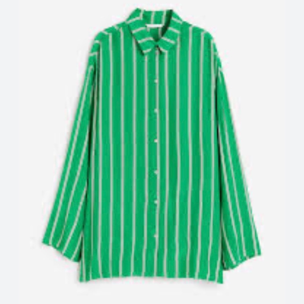 H&M Set Patterned Pants and Matching Top Green with white and black pinstripes - Picture 3 of 6
